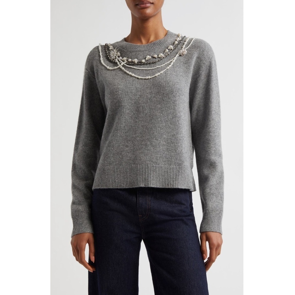 CINQ À SEPT Lilliana Necklace Detail Wool Blend Pullover Sweater in Grey - Picture 1 of 7